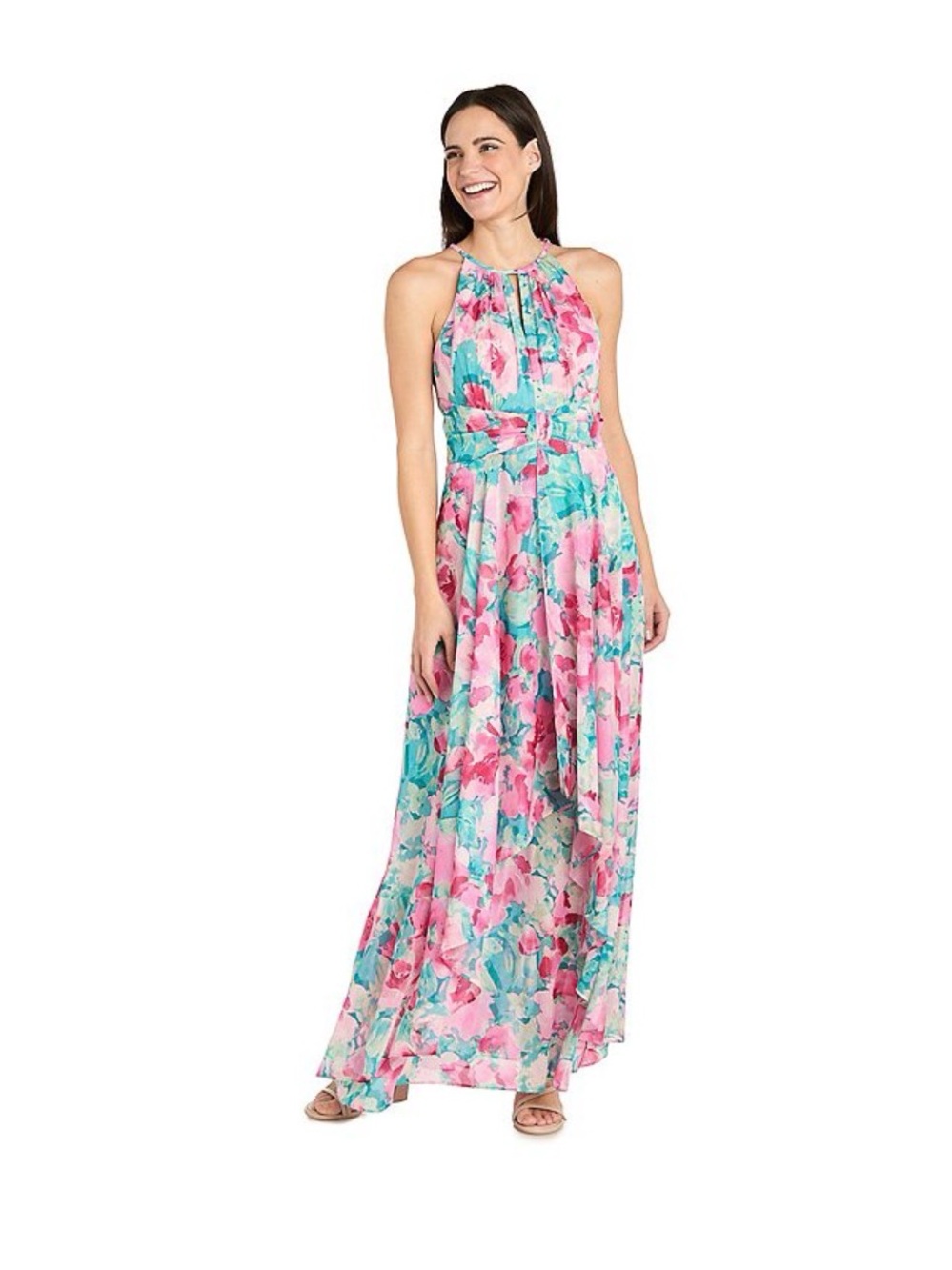 R&M Richard’s Floral Halter Maxi Dress in Pink & Aqua nwt